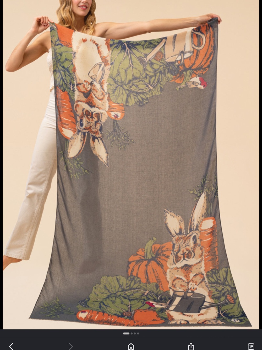 Whimsical Bunny & Pumpkin Print Scarf - Gray, Orange, Green Gardening Bunny.